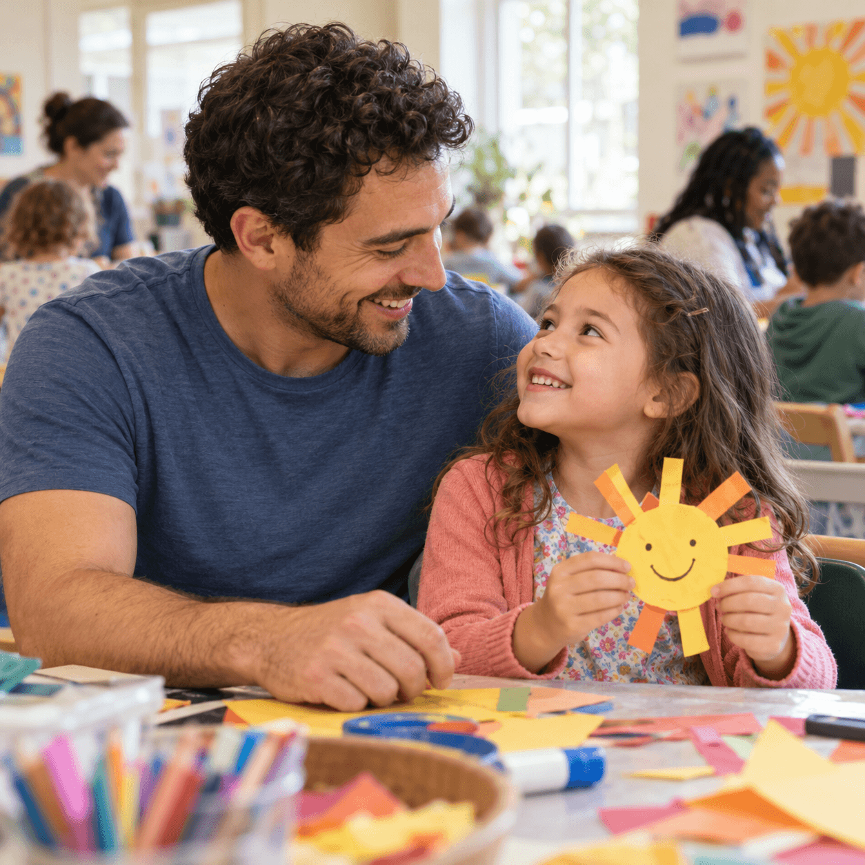 A dad and daughter making a paper sun at a community craft club