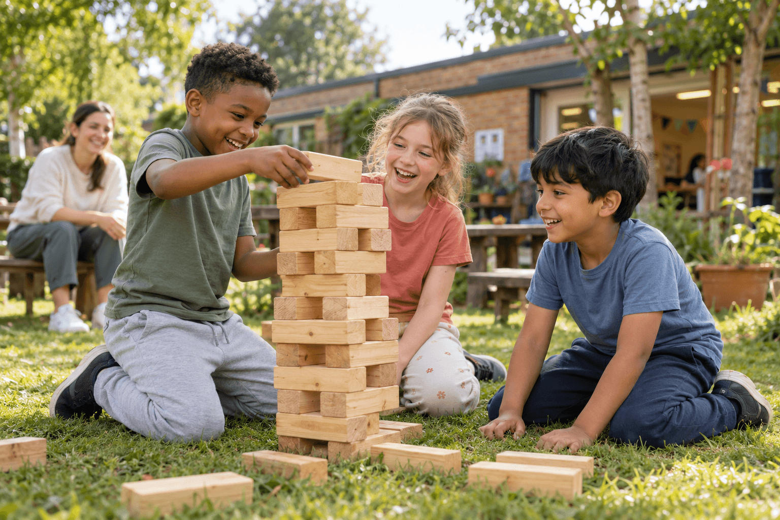 Children building a wooden block tower at a weekend club