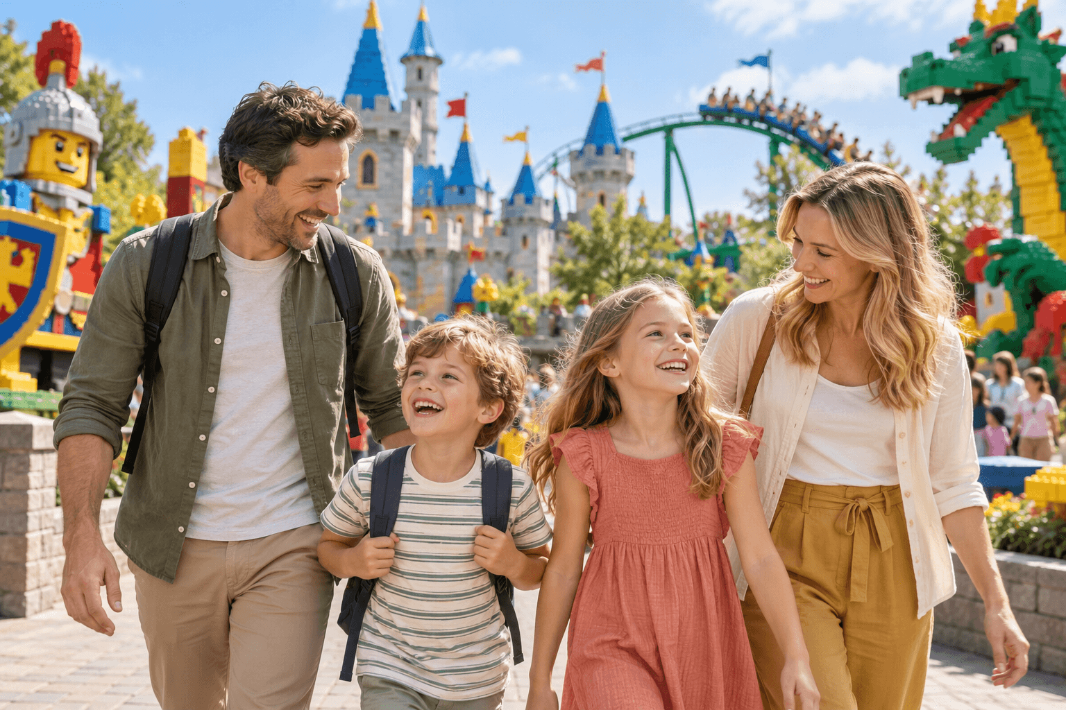 A happy family enjoying a colourful building-brick theme park