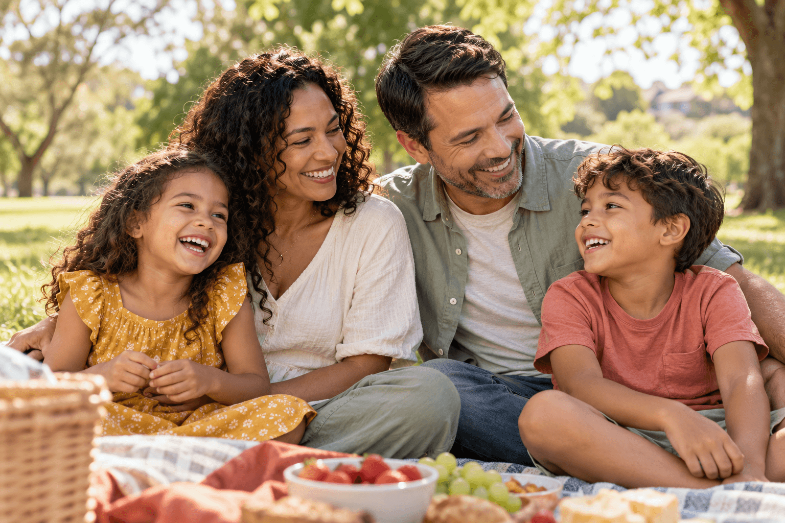Illustrative family sharing a picnic outdoors