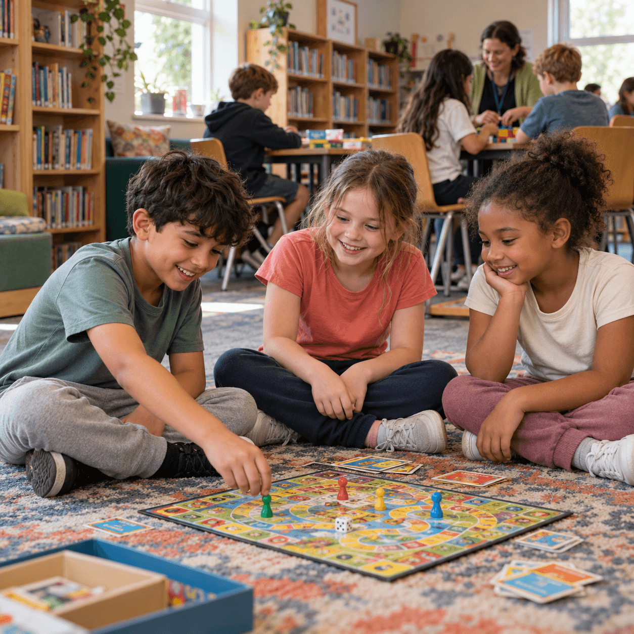 Children in T-shirts and joggers playing a board game in a community hall with bookshelves