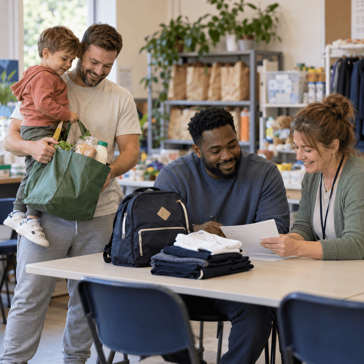 Two dads receiving help with school essentials and groceries at a community support hub